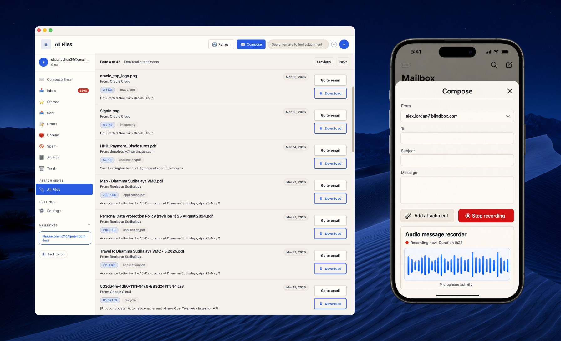 BlindBox desktop Files tab listing attachments beside the mobile composer recording an audio message.