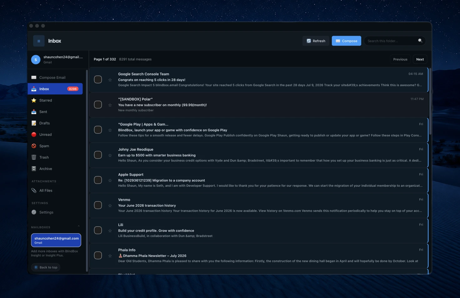 BlindBox desktop inbox with folders, message list, and reading pane.