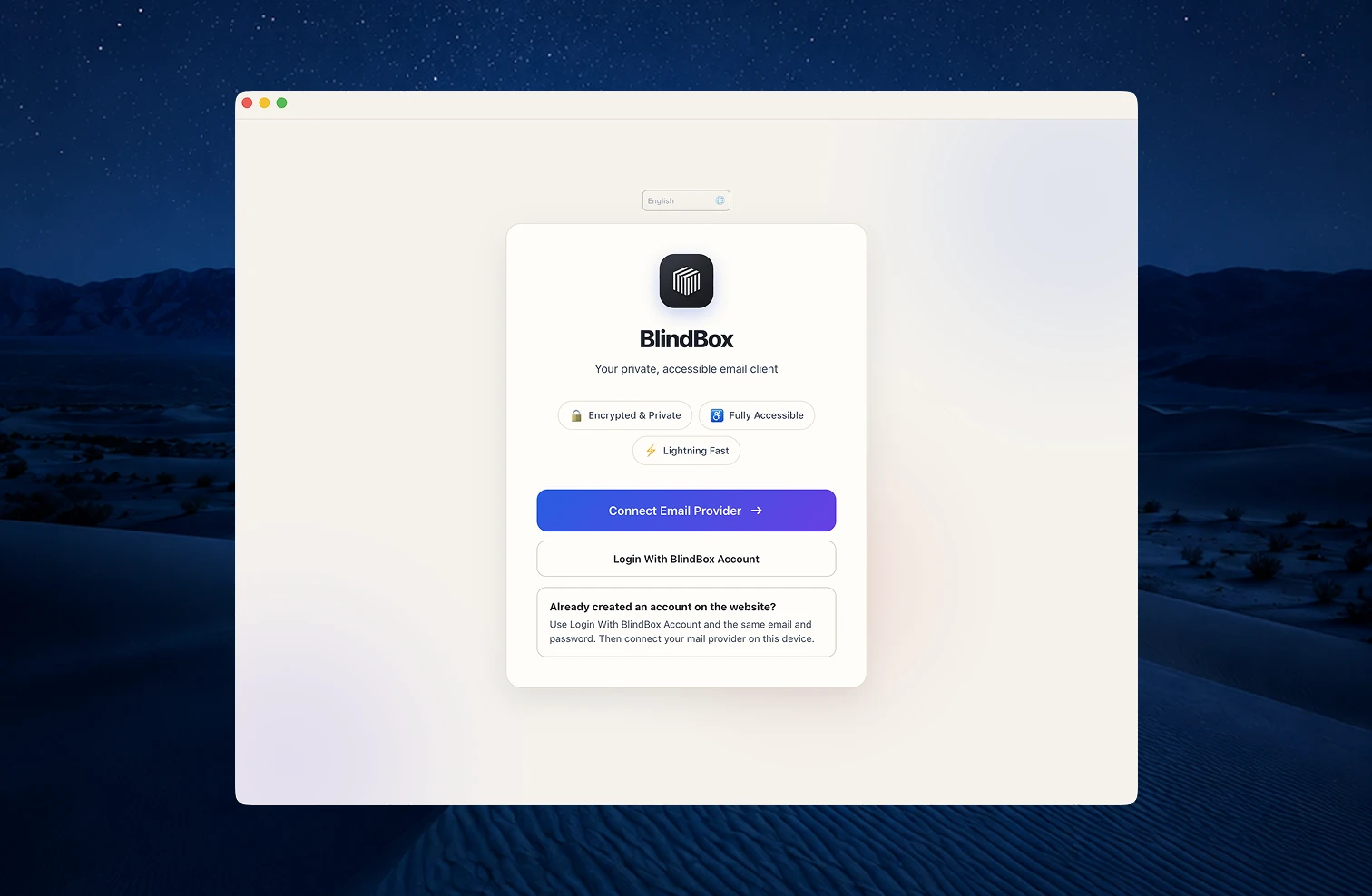 Welcome to BlindBox. Connect your first mail account to get started.