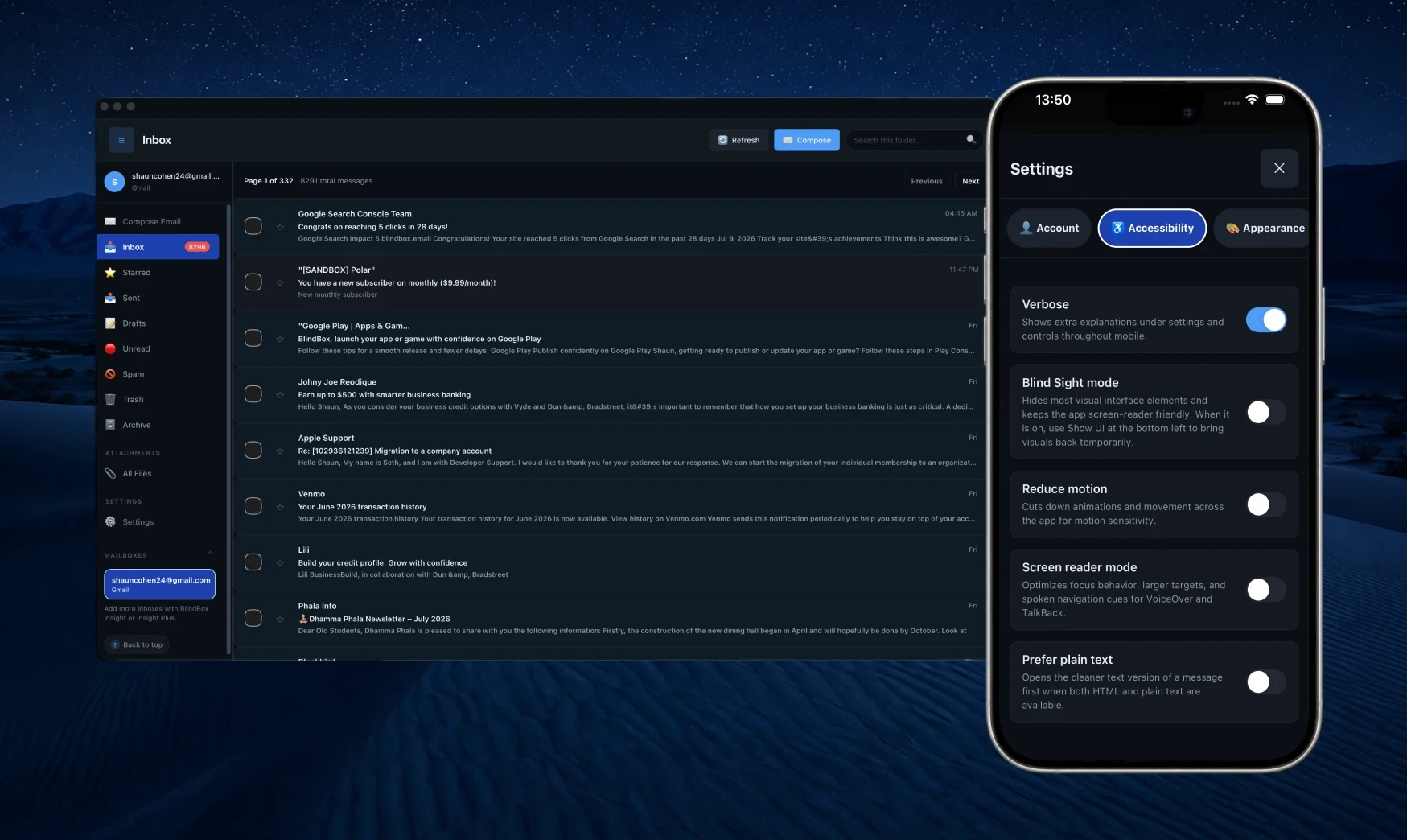 BlindBox mail app showing the unified inbox, folder navigation, and connected accounts.