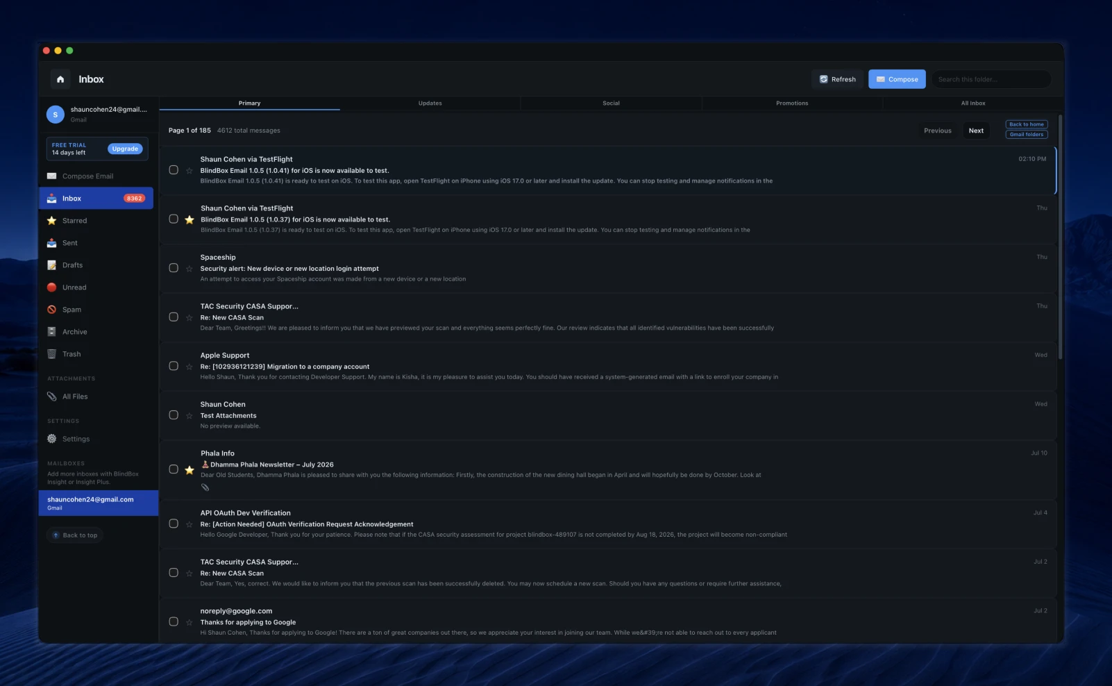 BlindBox inbox in the soft dark theme with folders, message list, and reading pane.