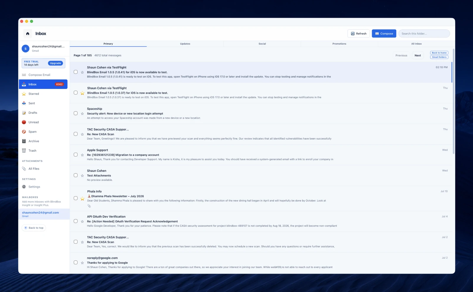 BlindBox inbox in a light theme with clear message list and controls.