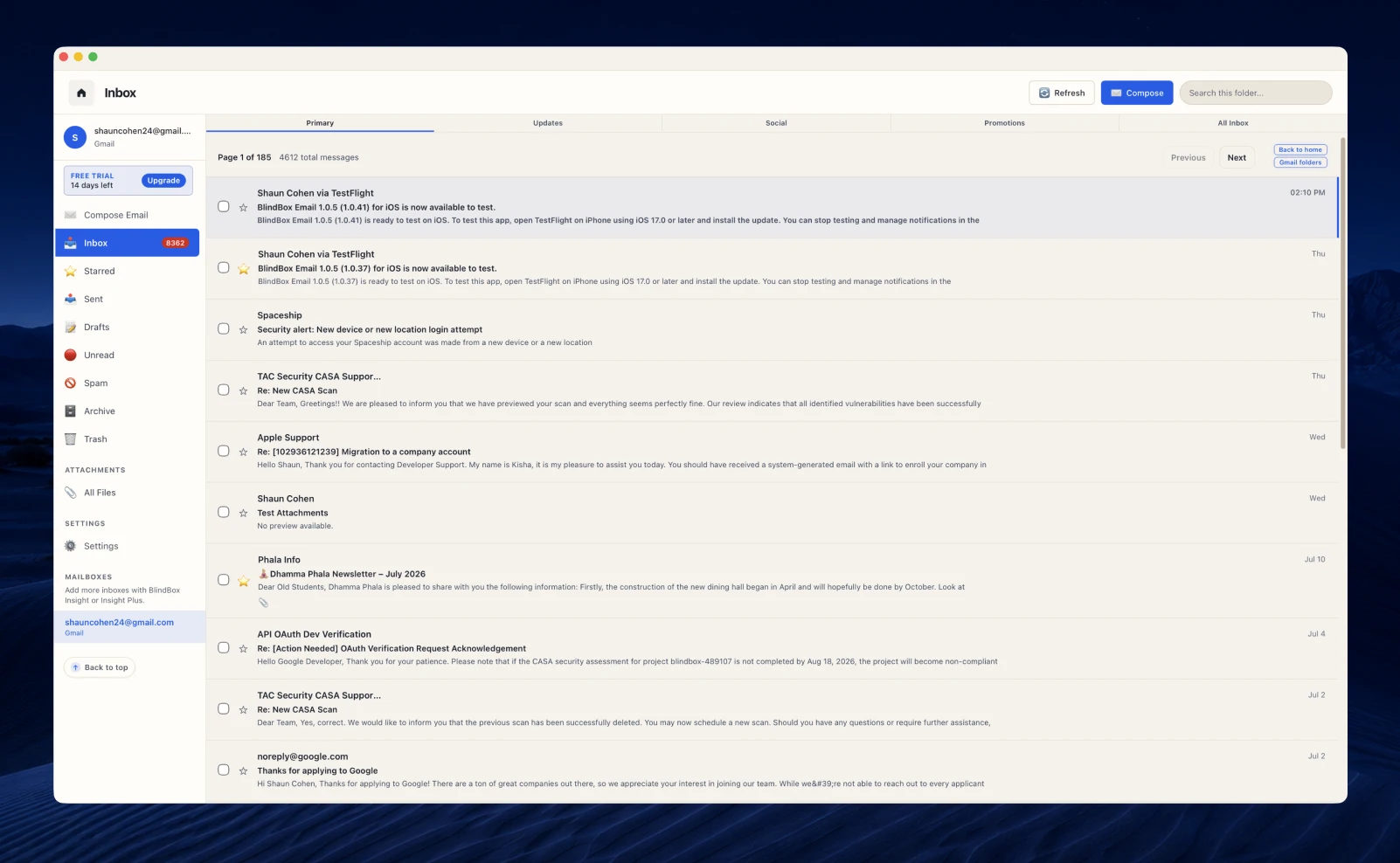 BlindBox inbox in the warm paper theme with soft cream surfaces.