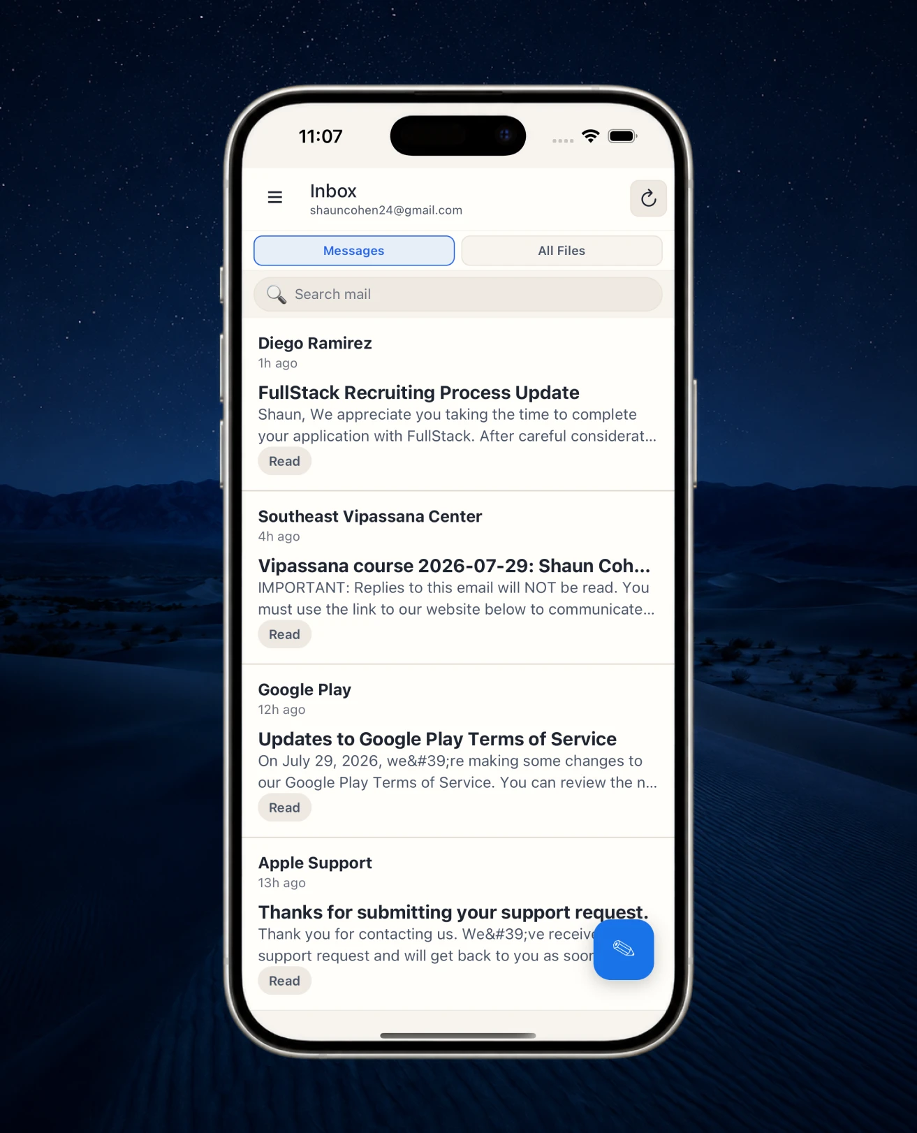 BlindBox inbox with a clear folder sidebar, message list, and reading pane—structured for screen-reader navigation.