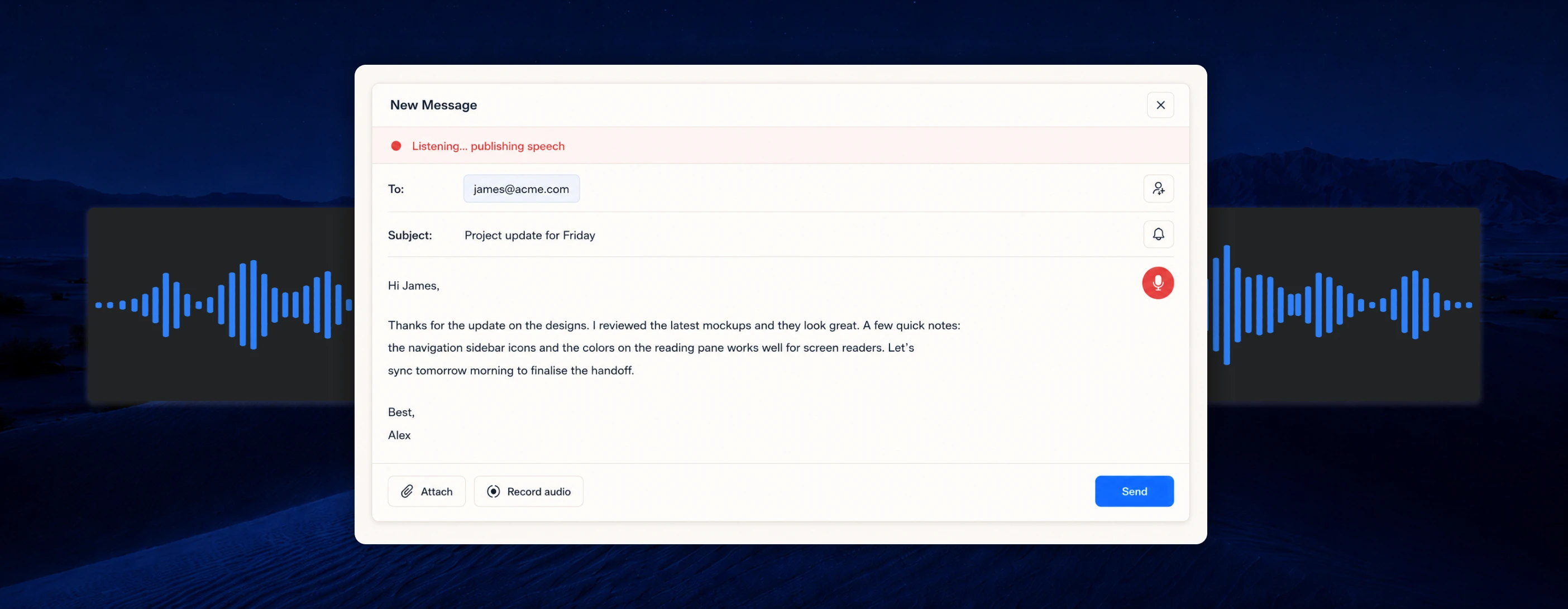 BlindBox composer with on-device dictation listening and polishing speech into a draft.
