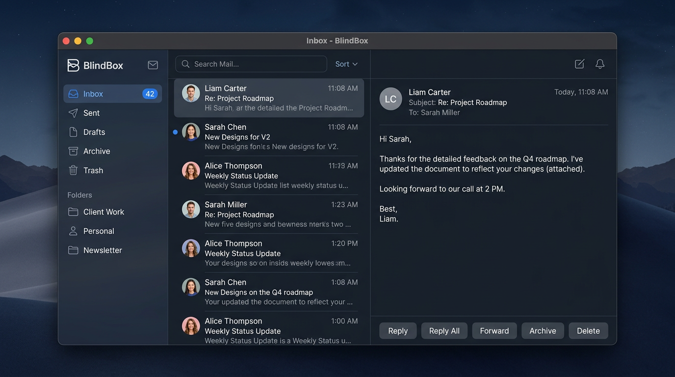 Illustrative BlindBox desktop inbox with folders, message list, and reading pane in a dark theme.